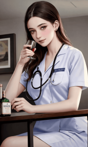 00060-1745895045-full shot body photo of the most beautiful artwork in the world featuring ww2 nurse holding a liquor bottle sitting on a desk ne